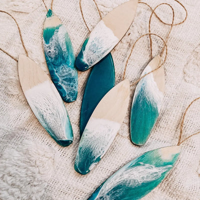 Surfboard Ornament Birch Wood and Ocean Wave Resin Beach