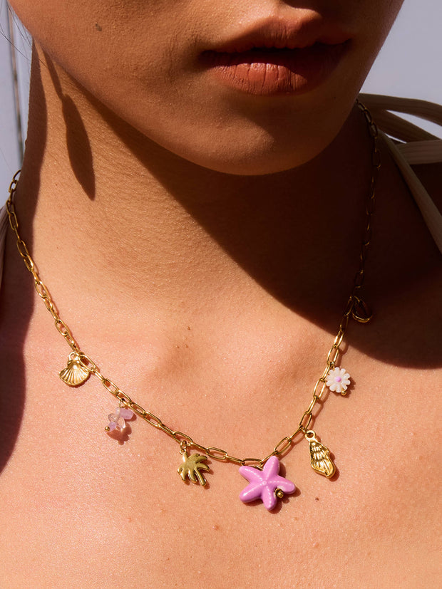 Anya 18K Gold Non-Tarnish Starts and Palm Charm Necklace: Purple