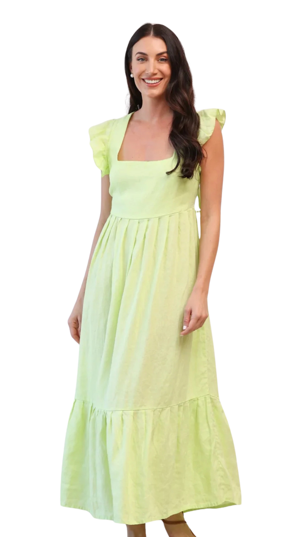 Tippie Tie Back Linen Dress- Lime