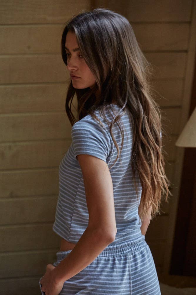 Knit Polyester Cotton Striped Short Sleeve Top -  Grey Blue
