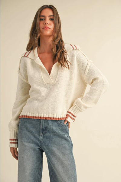 Color Contrasted Collar Sweater Top - Toffee