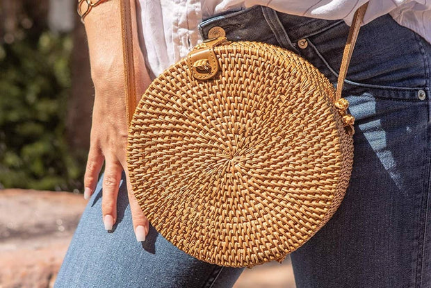 Round Ata Rattan Bag (Brown) - Bali Bag Straw Boho Beach Bag