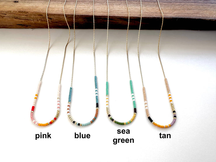 Thin Beaded Necklace - Color Mix Collection: Sea green / Gold Filled