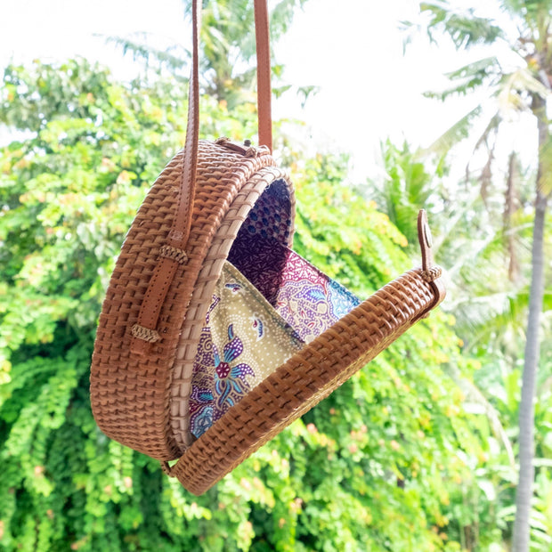 Round Ata Rattan Bag (Brown) - Bali Bag Straw Boho Beach Bag