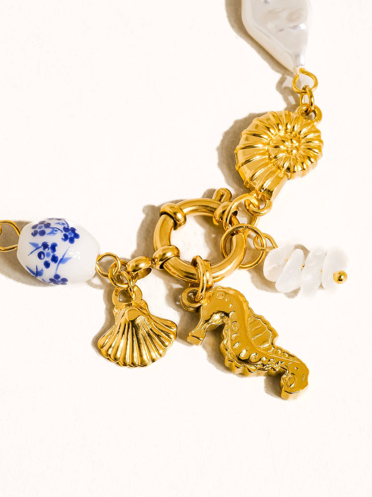 Cecily 18K Gold Non-Tarnish Seahorse Seashell Charm Bracelet: Yellow Gold