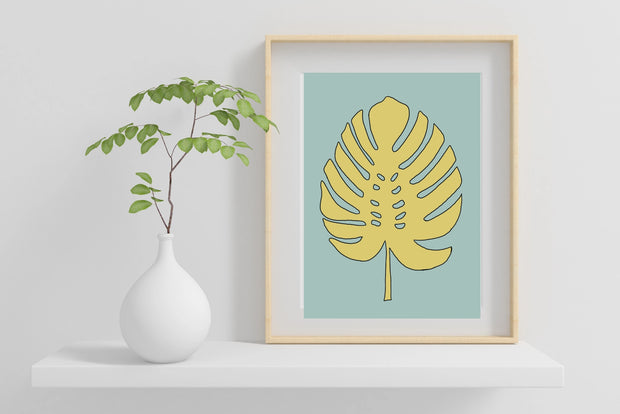 Boho Monstera Print (Lemon/Blue Background) 8x10