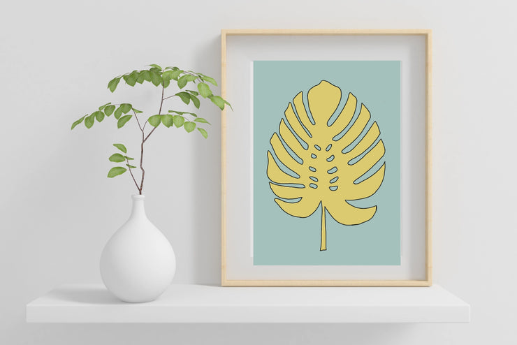 Boho Monstera Print (Lemon/Blue Background) 8x10