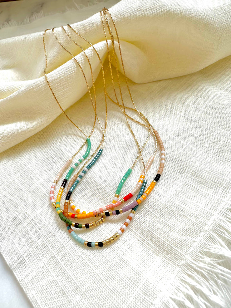 Thin Beaded Necklace - Color Mix Collection: Sea green / Gold Filled