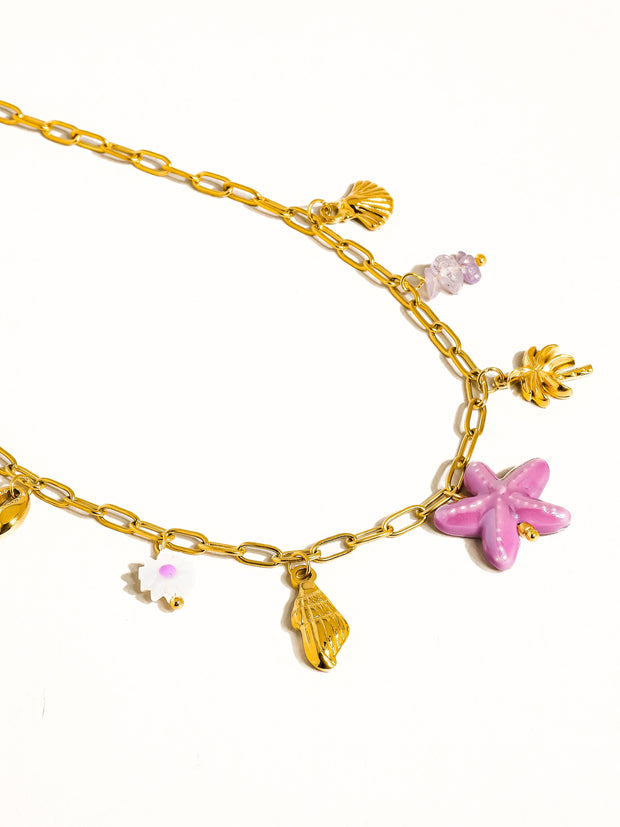 Anya 18K Gold Non-Tarnish Starts and Palm Charm Necklace: Purple