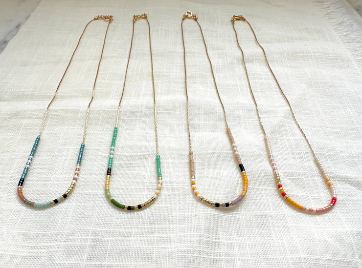 Thin Beaded Necklace - Color Mix Collection: Tan / Gold Filled