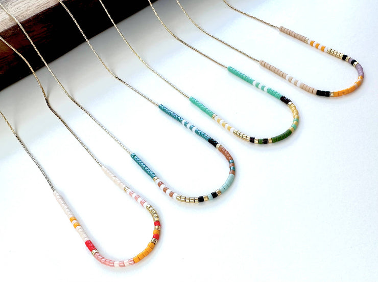 Thin Beaded Necklace - Color Mix Collection: Tan / Gold Filled