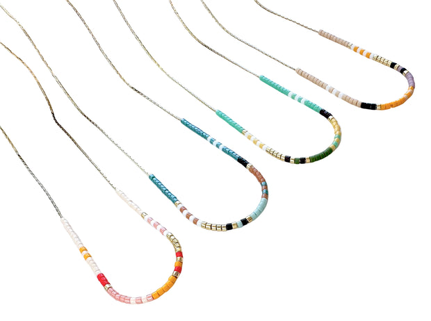 Thin Beaded Necklace - Color Mix Collection: Pink / Gold Filled