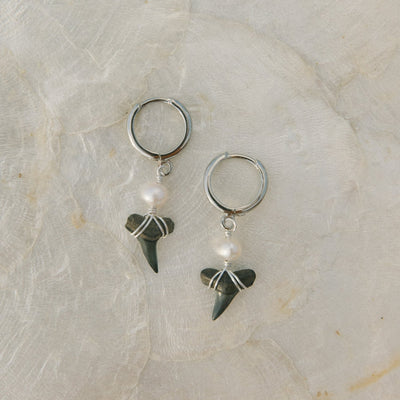 Pearl Shark Tooth Baby Hoops - Silver