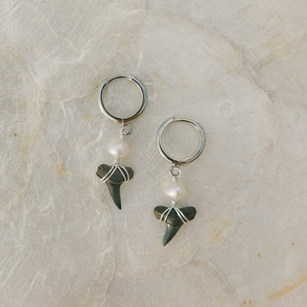 Pearl Shark Tooth Baby Hoops - Silver