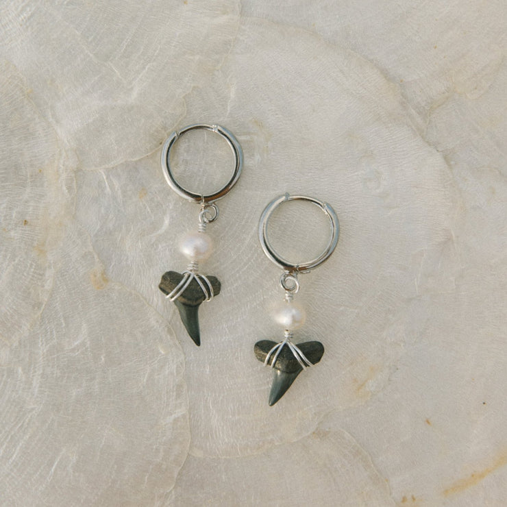 Pearl Shark Tooth Baby Hoops - Silver