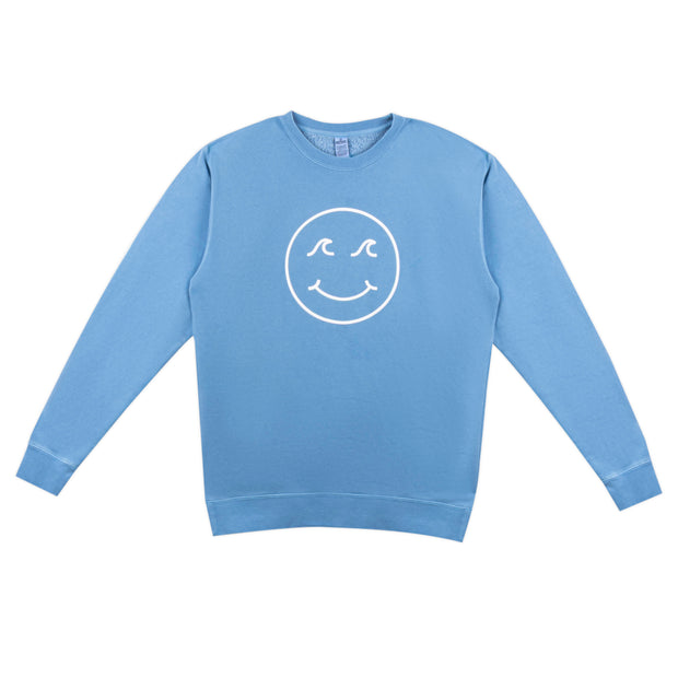 Gypsy Life Surf Shop - Smiley Face Pigment Dyed Crew Neck Sweatshirt - Pigment Blue