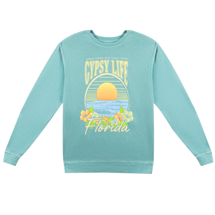 Gypsy Life Poppy Seed Waves/Hibiscus Fleece Crew - Lagoon