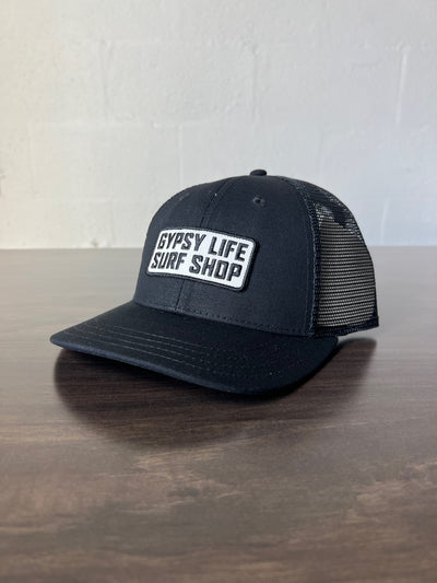 Gypsy Life Surf Shop Trucker Hat - GLSS Block Logo - Black/Black