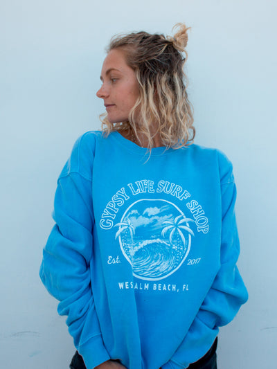 Gypsy Life Surf Shop - Beckon Palms/Wave - Dyed Ringspun Fleece Crew - Periwinkle