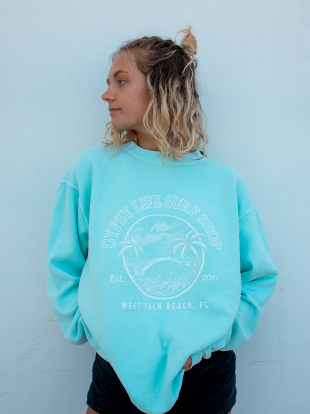 Gypsy Life Surf Shop - Beckon Palms/Wave - Dyed Ringspun Fleece Crew - Mint