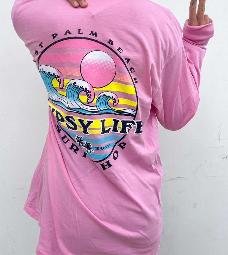 Gypsy Life Through Time Waves/Palms LS Tee - Hot Pink