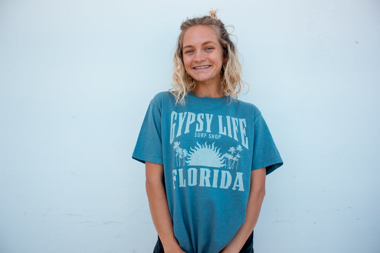 Gypsy Life Fantods Sun/Palms Dyed Ringspun Tee - Baltic