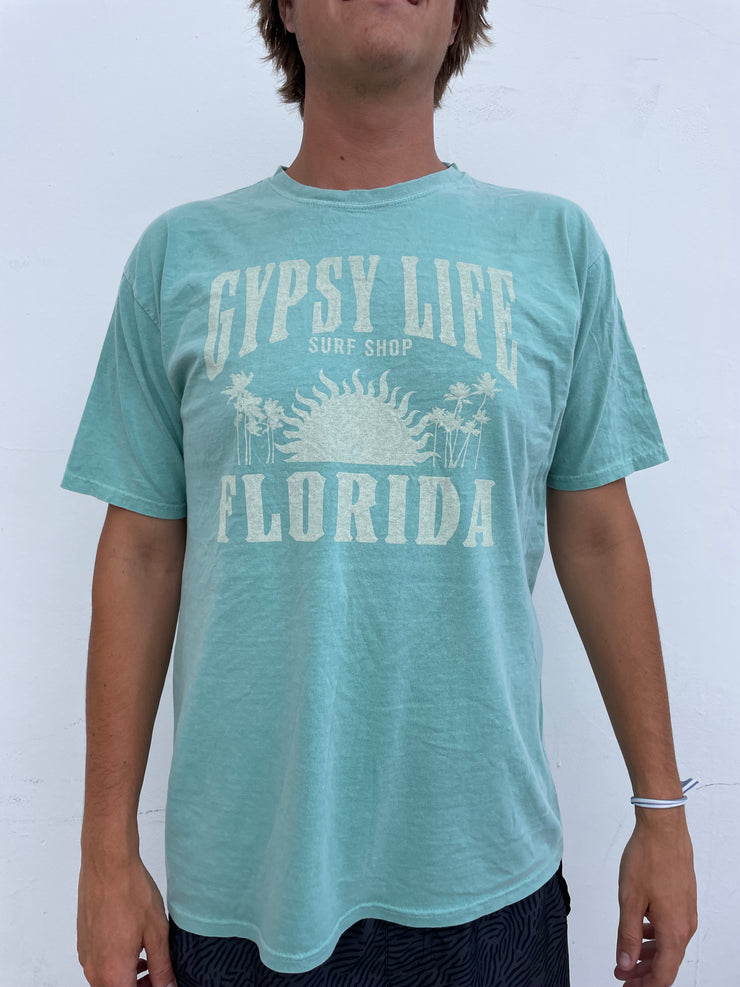 Gypsy Life Fantods Sun/Palms Dyed Ringspun Tee - Lagoon