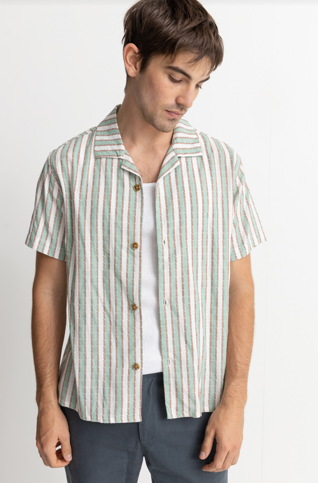 Vacation Stripe Short Sleeve Button Up- Sea Green