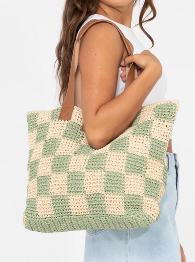 Checkmate Straw Beach Bag- Natural/Mint