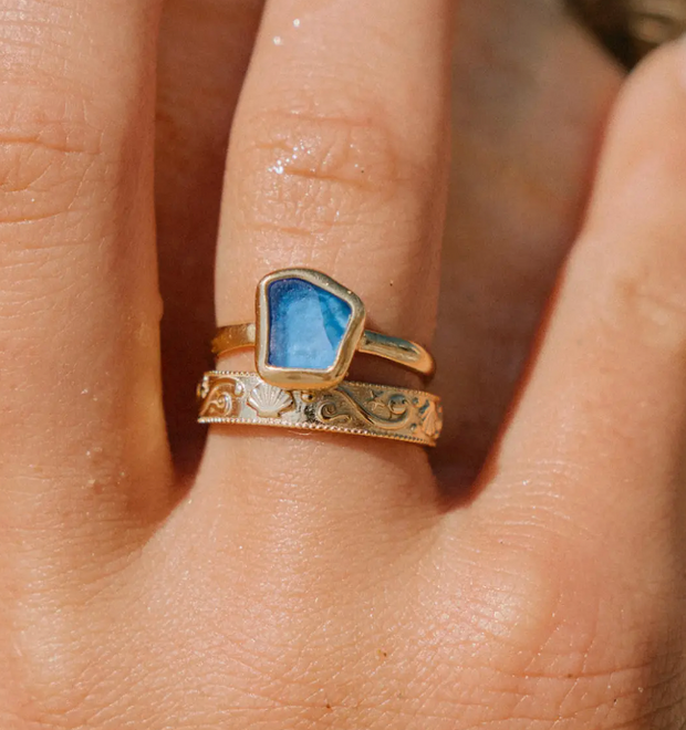 Blue Sea Glass Ring (Handmade) Gold