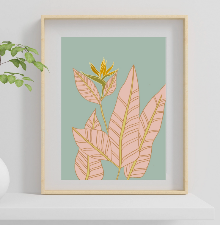 Boho Bird of Paradise Print (Blue Background) 8x10