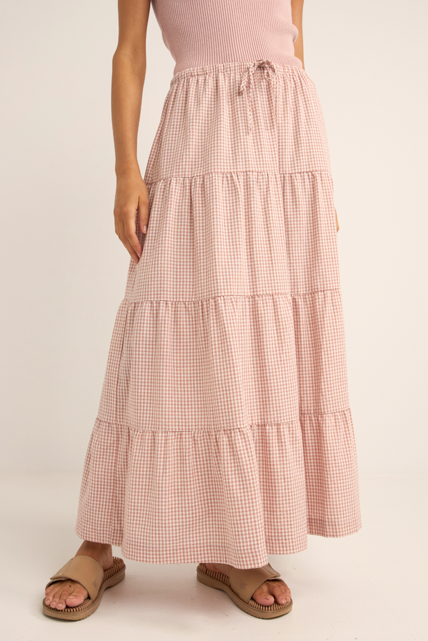 Lola checked tiered maxi skirt - Dusty Pink