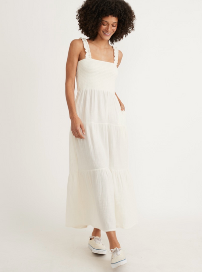 Selene Smocked Tiered Maxi Dress - White