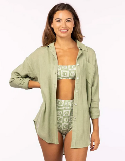 Premium Linen Long Sleeve Button Through Shirt - Green