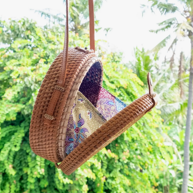Round Ata Rattan Bag (Brown) - Bali Bag Straw Boho Beach Bag