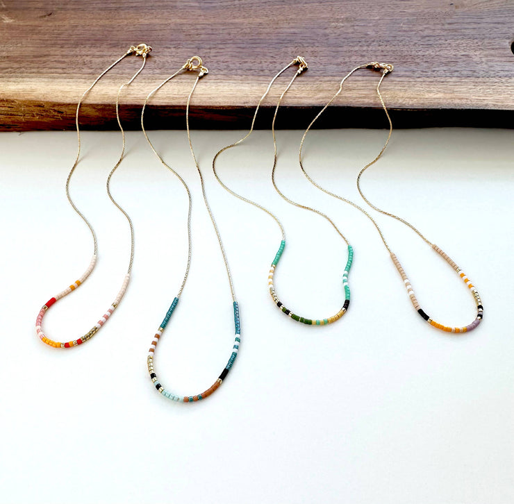 Thin Beaded Necklace - Color Mix Collection: Tan / Gold Filled