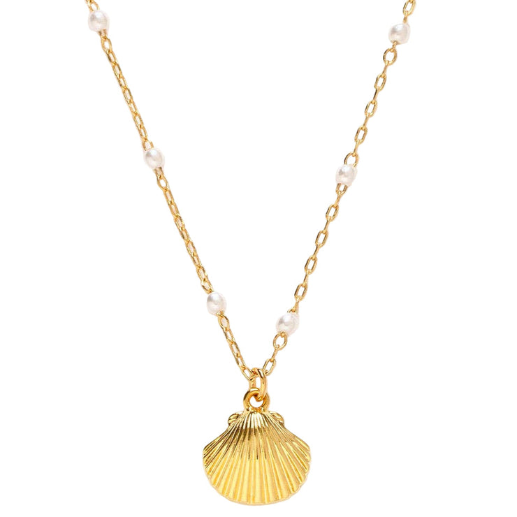 Scallop Shell and Pearl Station Chain Necklace