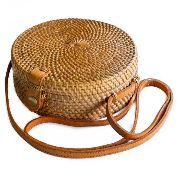 Round Ata Rattan Bag (Brown) - Bali Bag Straw Boho Beach Bag