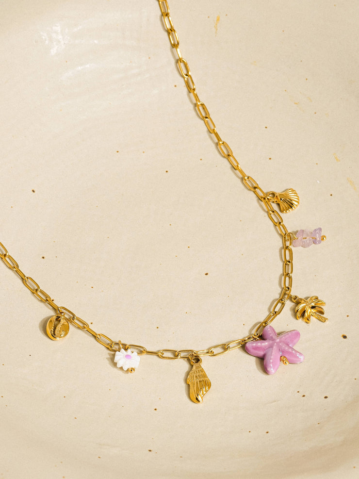 Anya 18K Gold Non-Tarnish Starts and Palm Charm Necklace: Purple