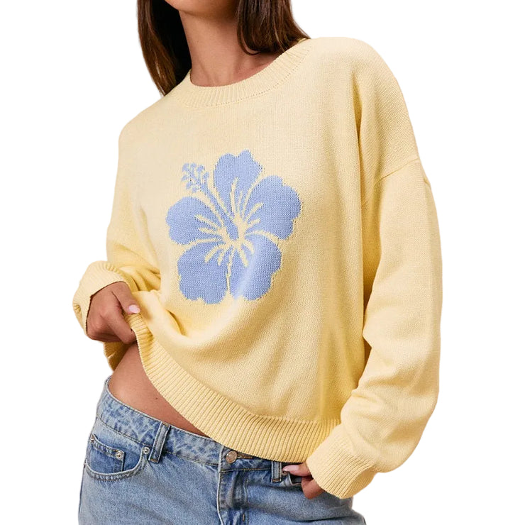 Long Sleeve Crew Neck Hibiscus Graphic Sweater - Yellow – Gypsy