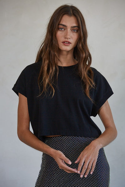 Cotton Washed Crew Neck Crop Top - Black