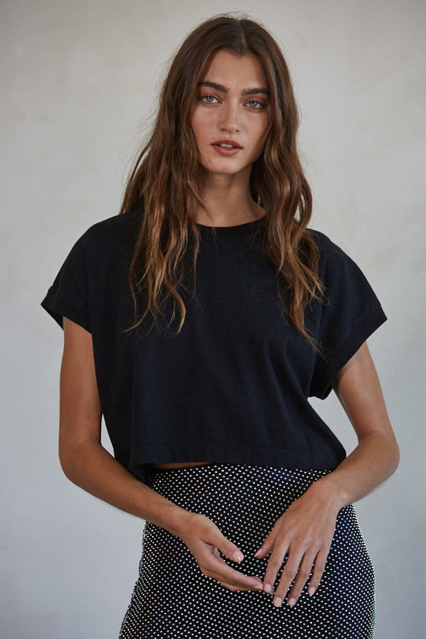 Cotton Washed Crew Neck Crop Top - Black