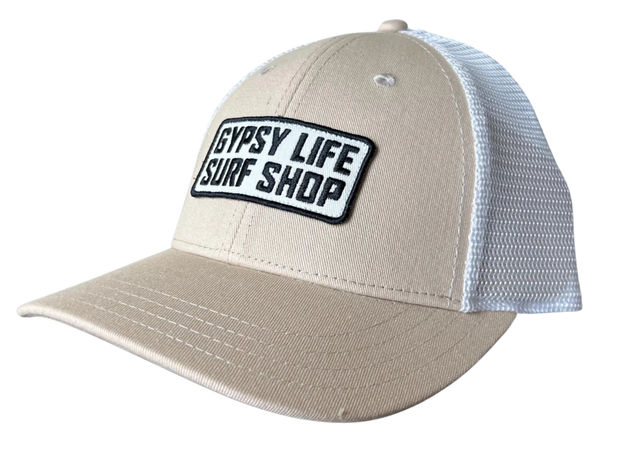 Gypsy Life Surf Shop Trucker Hat - GLSS Block Logo - Sandcastle/White