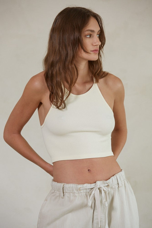 Seamless Sleeveless Halter Neck Top - Cream