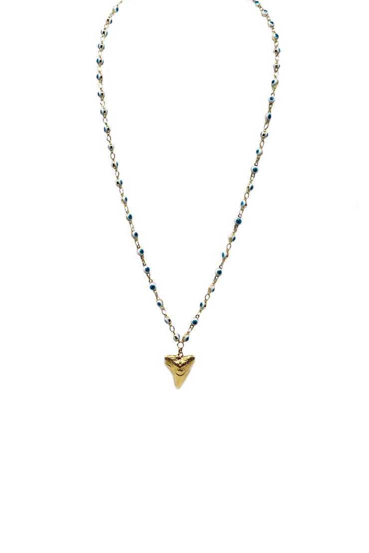 Gypsy Evil Eye Chain Necklace with Shark Tooth Charm 24"