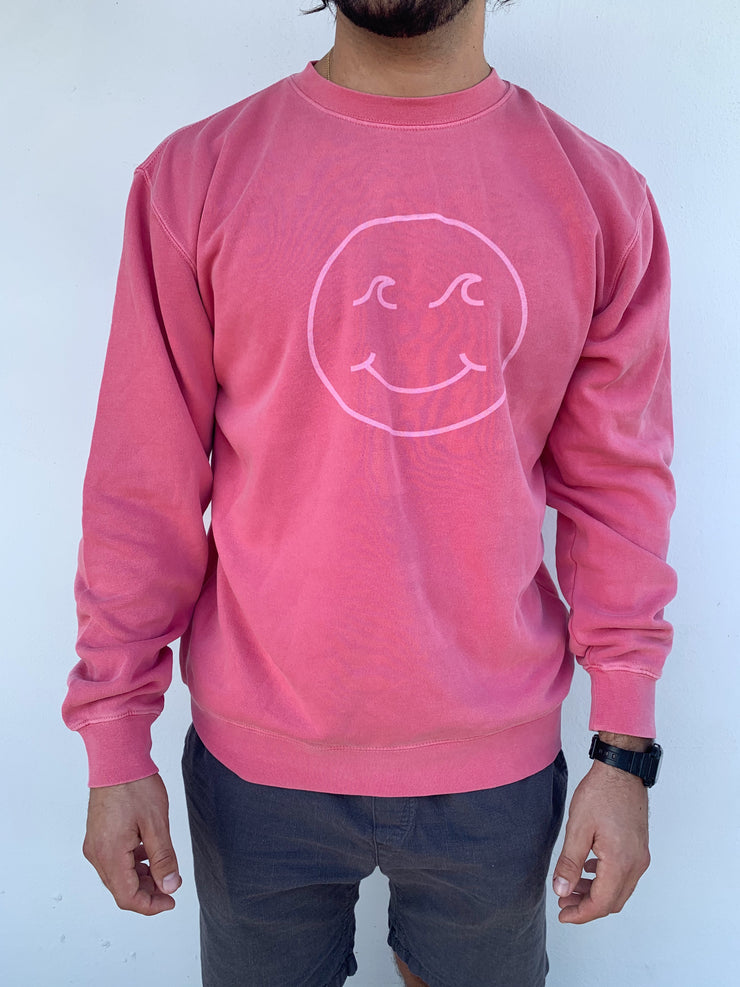 Gypsy Life Surf Shop - Smiley Face Pigment Dyed Crew Neck Sweatshirt - Pigment Pink