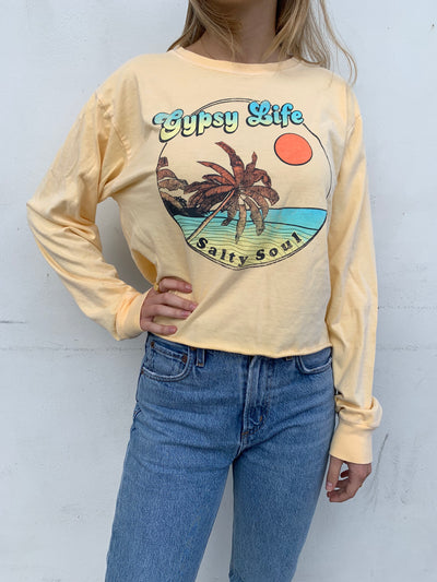 Gypsy Life Surf Shop - Cropped Ringspun L/S Tee - Ferngully Beach/Palms - Butter