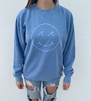 Gypsy Life Surf Shop - Smiley Face Pigment Dyed Crew Neck Sweatshirt - Pigment Blue