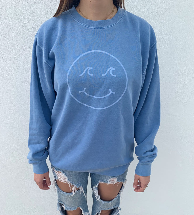 Gypsy Life Surf Shop - Smiley Face Pigment Dyed Crew Neck Sweatshirt - Pigment Blue