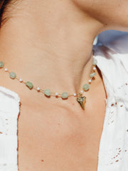 Gypsy Shark Tooth Necklace with Stone and Pearl Chain